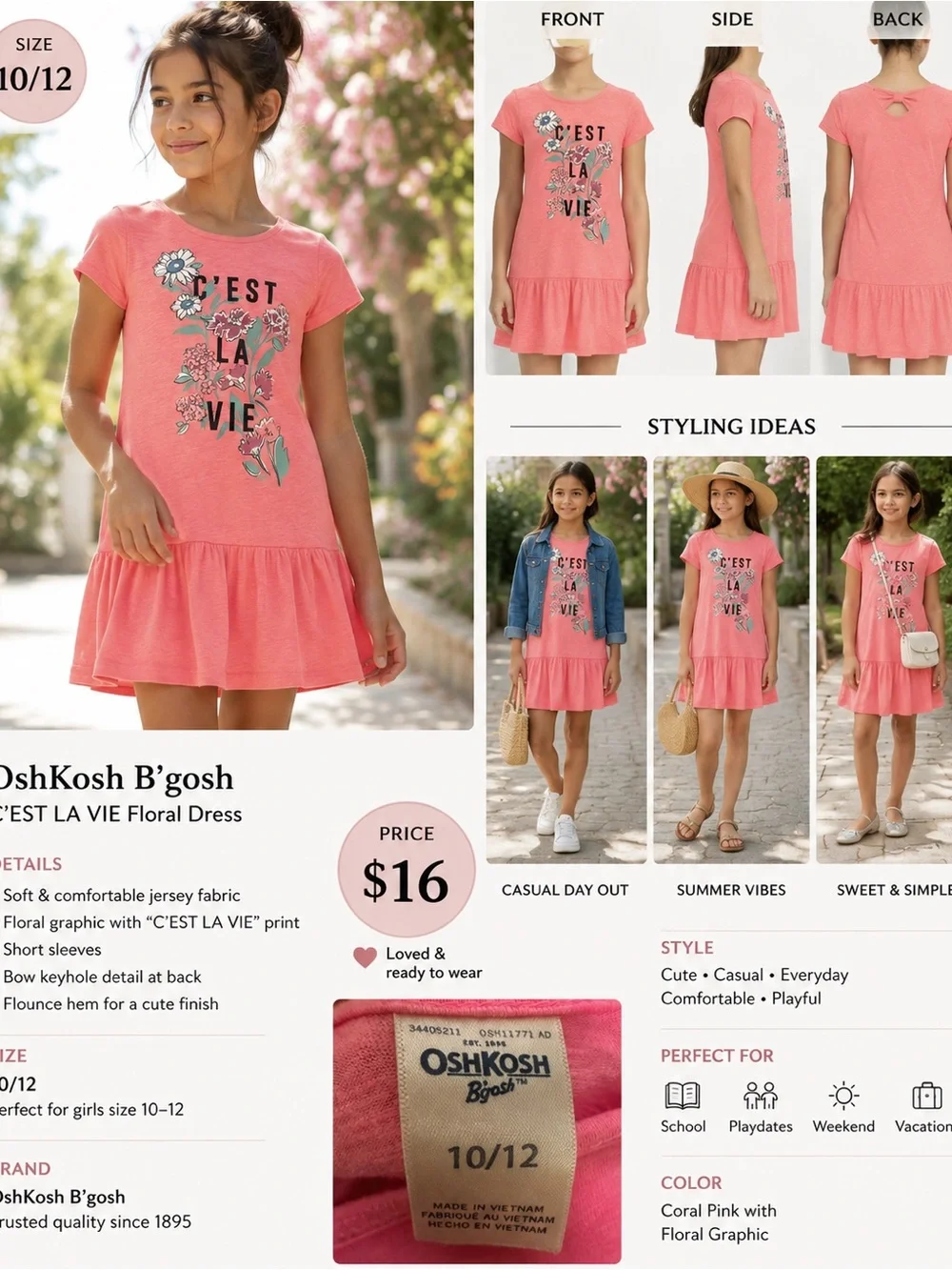 OshKosh B'gosh Coral Pink Floral Graphic Ruffle-Hem Dress